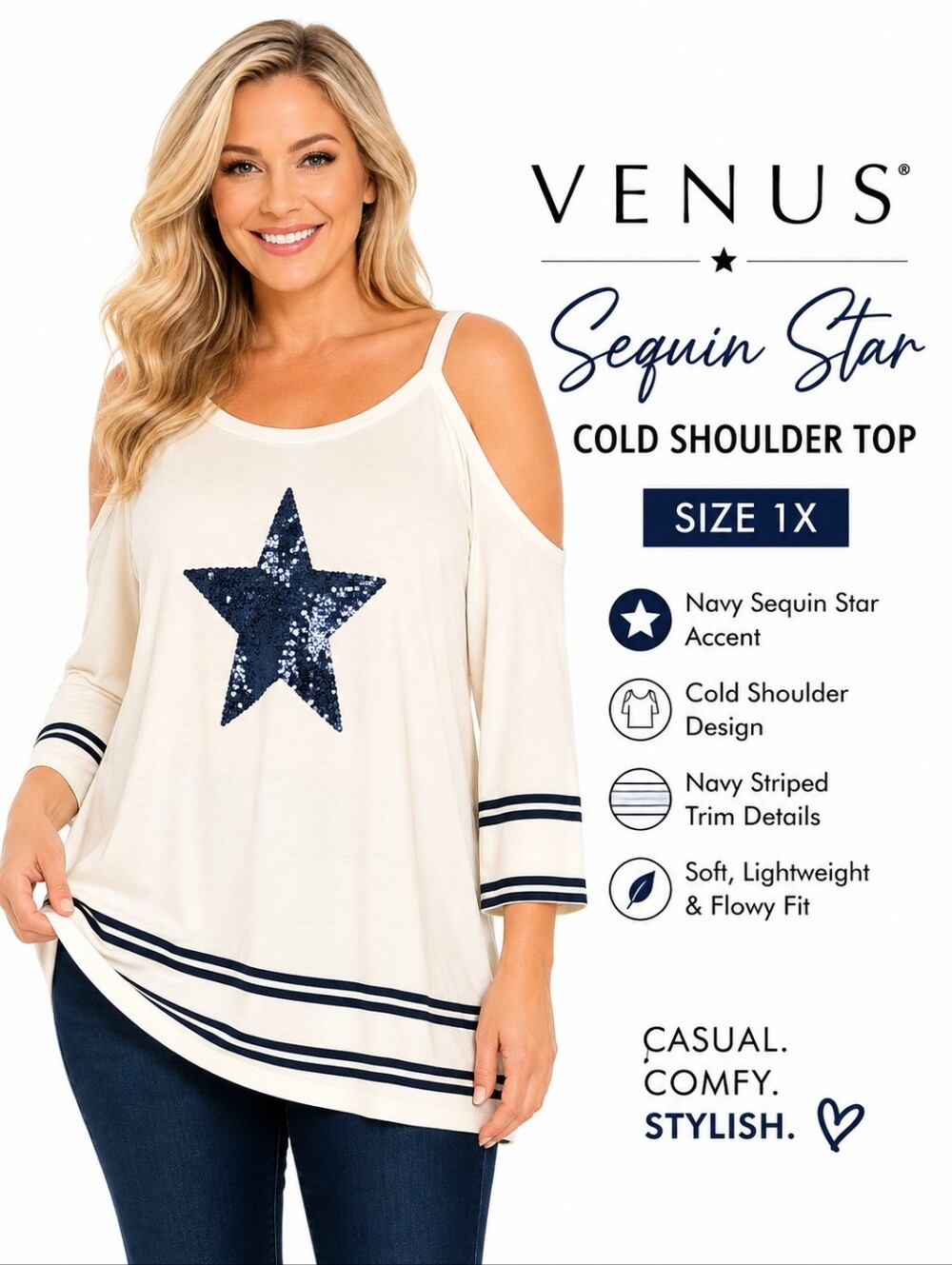 VENUS Ivory Sequin Star Cold Shoulder Top Women’s 1X